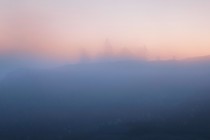 a soft, foggy pink and blue landscape of a field with trees in the distance