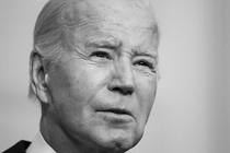 A black-and-white photo portrait of President Joe Biden