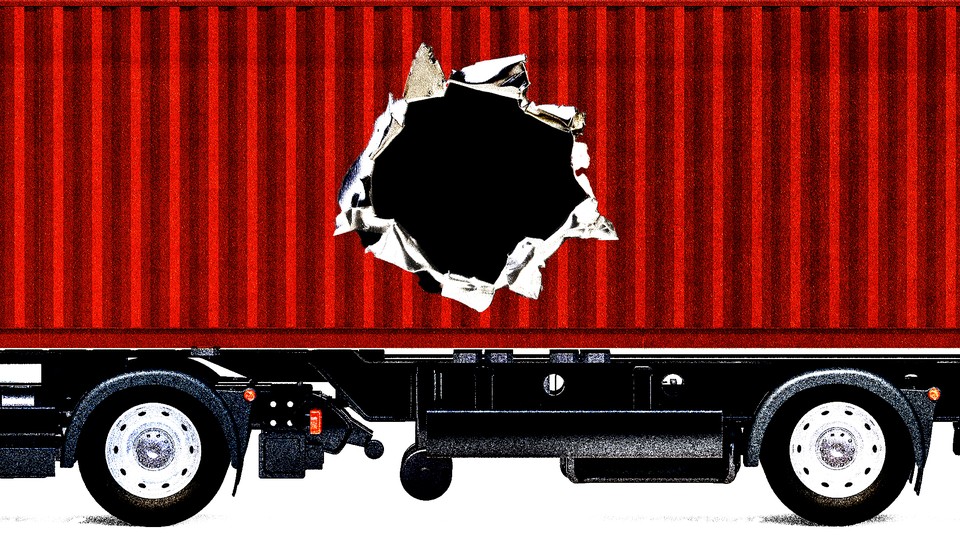 Illustration of a shipping-container truck with a hole ripped into its side