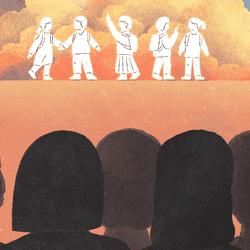 Five silhouettes facing backward look at the outlines of children in the distance, representing their younger selves