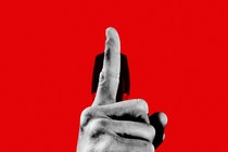 An illustration of a censorious finger superimposed on the figure of a man