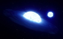 An illustration of two very bright stars, glowing blue, orbiting 1,000 light-years from Earth