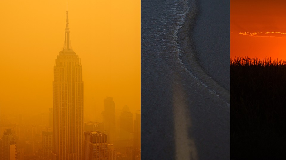 Three stitched photographs of dramatic climate events from the summer of 2023