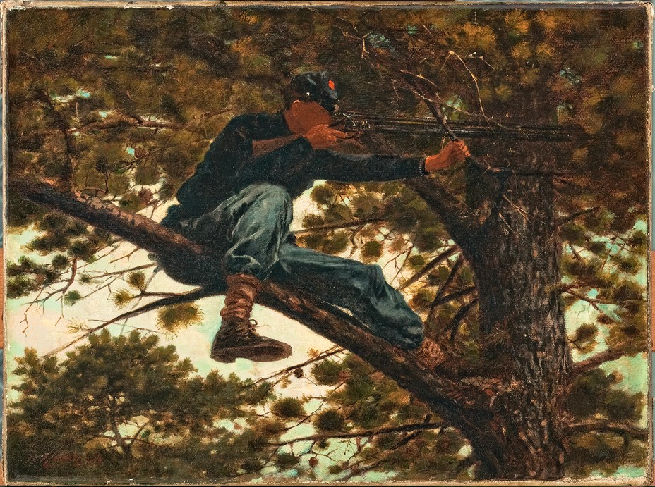 Winslow Homer painting of man in blue Union Civil War uniform sitting on a tree branch and aiming his weapon