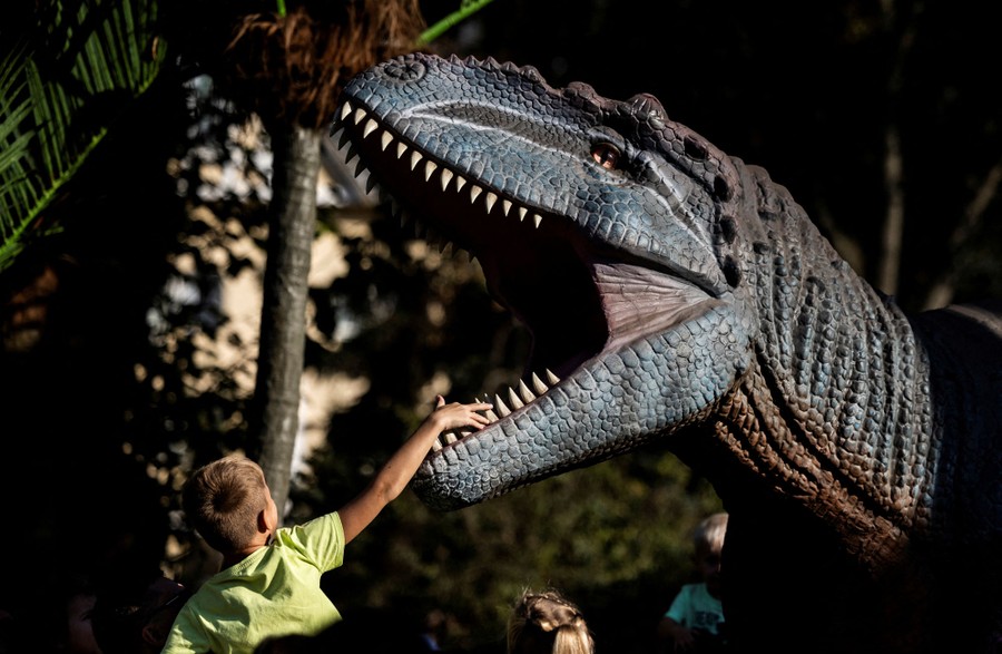 A boy touches the teeth of a life-size figure of a dinosaur.