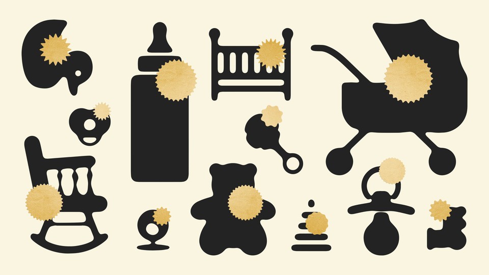 Illustration featuring various items of baby gear with gold medals on them