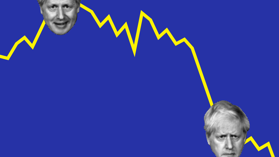 An illustration of Boris Johnson set against a chart showing a descending line