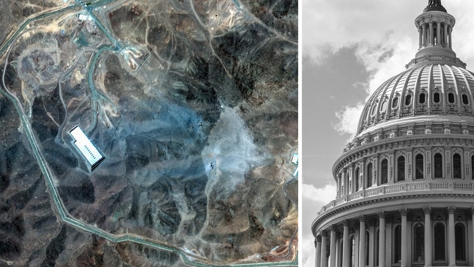 Collage of a satellite view of the Fordow nuclear-enrichment facility following U.S. strikes and the dome of the U.S. Capitol