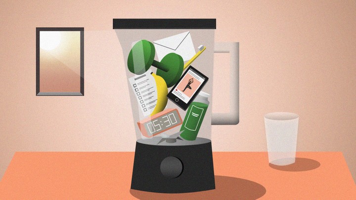 An illustration of a blender full of inedible objects, including a dumbbell, a checklist, and an alarm clock
