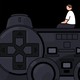 Man sits on top of video game remote.
