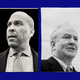 Diptych with two black-and-white photographs of Cory Booker and Chris Van Hollen on a royal-blue backdrop.
