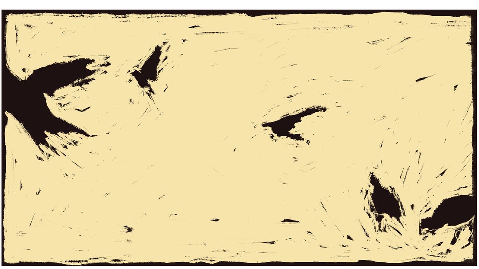 woodcut-style illustration with black birdlike forms on yellow background