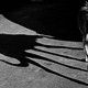 A skinny dog in a black and white photo leaves a tall shadow on the ground