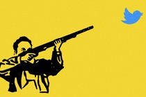 An illustration of Elon Musk pointing a hunting rifle at Twitter's bird logo
