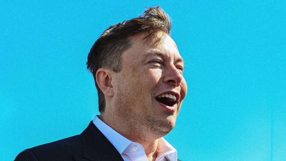 Elon Musk against a Twitter-blue background.