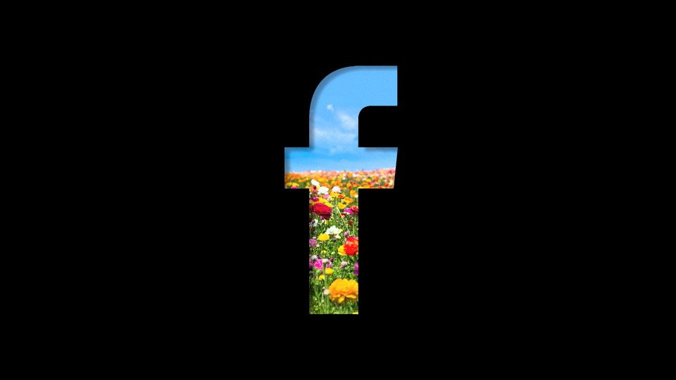 Facebook logo on a black background, but the "f" is like a window looking out across a flowery meadow