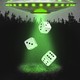 Illustration of a UFO above a forest scene, pulling three large dice with a tractor beam