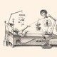 A black-and-white pencil-like illustration of a person in a bed surrounded by a number of gadgets meant to induce sleep: an eye mask, a helmet, a plant, a mobile, a brain-wave scanner.