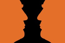 Two orange silhouettes of Donald Trump against a black background