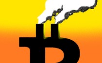 A bitcoin logo with smokestacks at the top