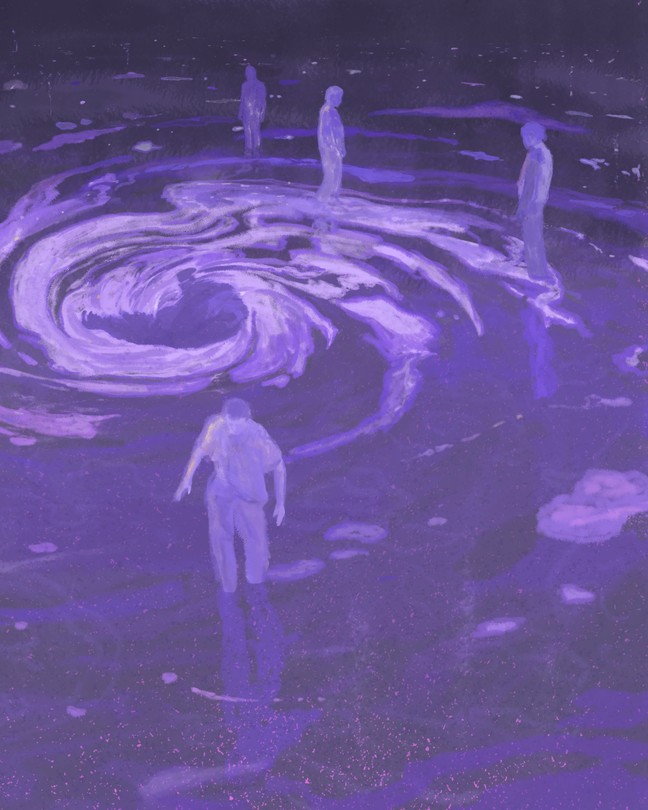 figures stand around a swirling space with a stomach shaped cavity in the middle