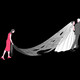 a woman holding her mother's tattered wedding train as she walks off with a man in a suit