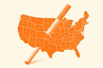 A cigarette punctures a hole through the middle of a map of the USA
