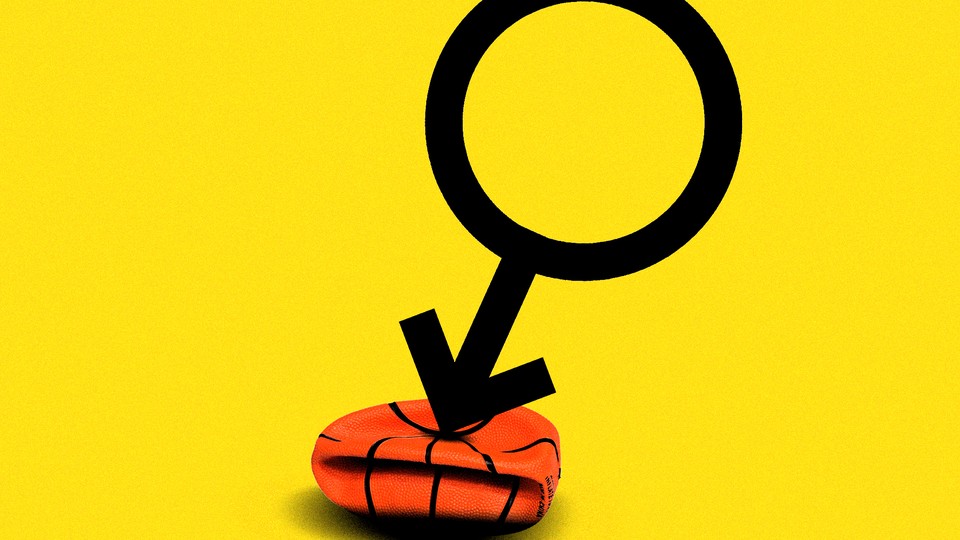 A graphic of the gender symbol for men point downward, its arrow deflating a basketball