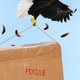 Photo illustration of an eagle struggling to carry a large brown box in its claws