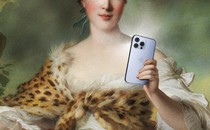 Painting of a woman draped in a flowing dress with a fur stole, with an iPhone photoshopped into her hand