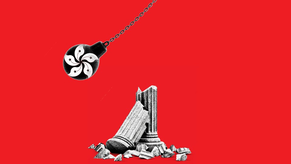 A wrecking ball bearing the symbol of Hong Kong's flag breaks a column.