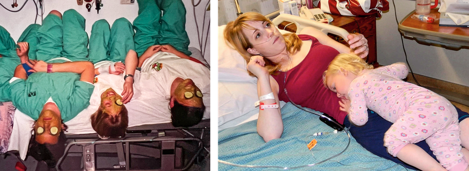 2 photos: patients in scrubs with cucumber slices on eyes and face masks lie upside down on hospital bed; woman in hospital bed with blonde toddler in pink onesie