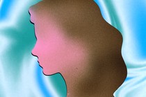 a silhouette of a girl's head, her face pink and hair brown, in front of a blue and green swirl