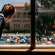 A student looks out of a window at an encampment protest.