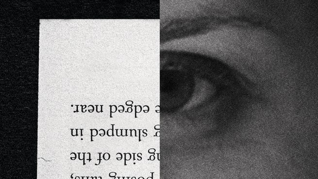 Two square fragments of page of text and an eye on a black background.