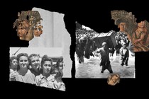 A collage of images of Jewish refugees, Palestinian refugees, and ancient artwork