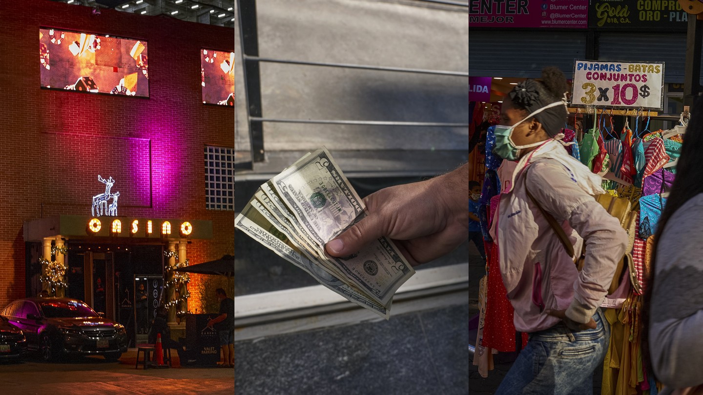 A triptych of photos showing a casino, a hand holding assorted American dollars, and people walking past a store