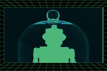 A humanoid robot inside a bell jar