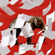 An elephant on a red background, partly obscured by flying pieces of paper