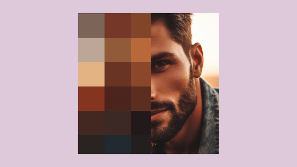 AI-generated image of an attractive man's face, half of which is pixelated