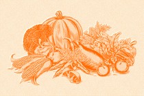 An orange tinted illustration of a pile of vegetables (pumpkin, eggplant, tomatoes, mushrooms, corn)