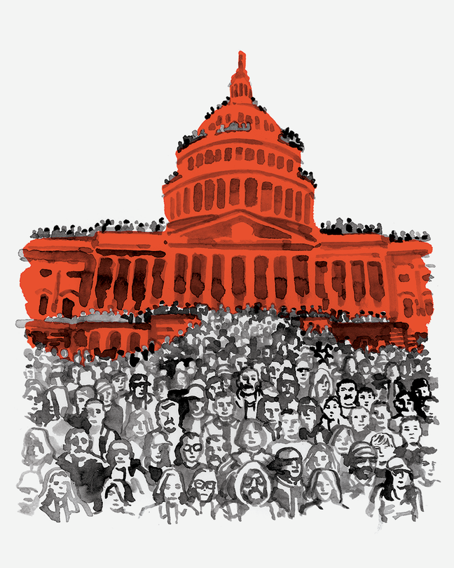 illustration of massive crowd in front of and standing on every level of U.S. Capitol building (including dome)