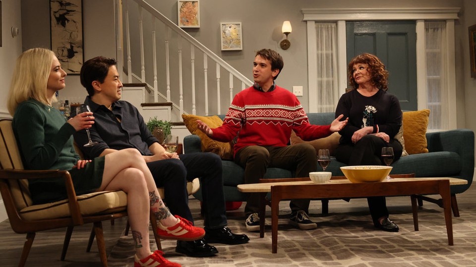 (left to right) Sarah Sherman, Bowen Yang, Andrew Dismukes, and Melissa McCarthy on an “SNL” sketch