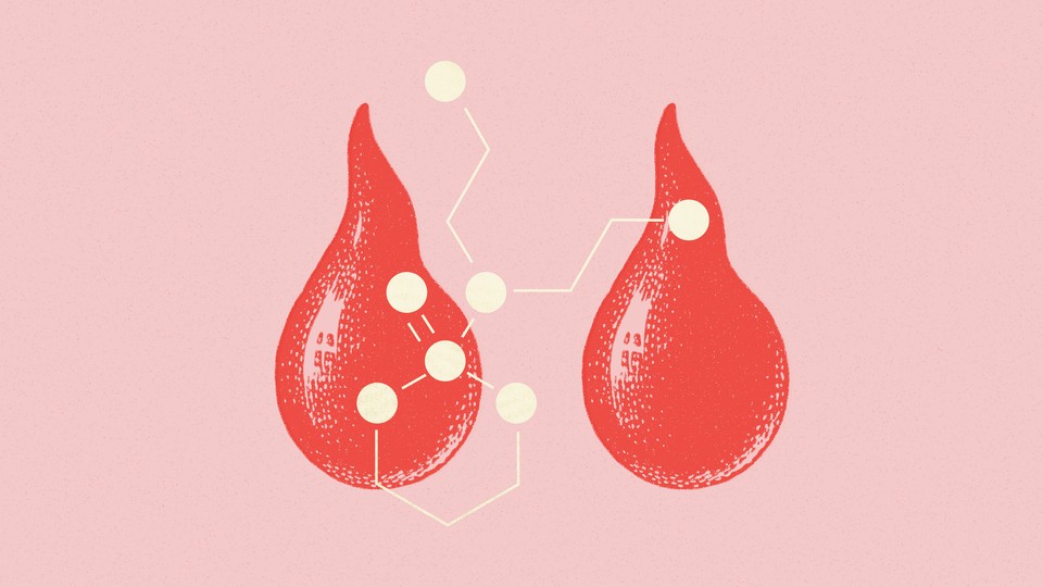 two drops of red blood are connected by a chemical symbol, against a light pink backdrop