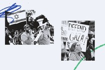 Two black-and-white images of a protest in support of Israel and a protest in support of Gaza against a light-blue background, with blue and green crayon markings