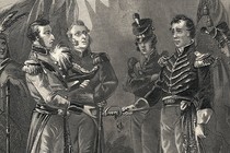 Illustration of 19th century American and British generals discussing a surrender