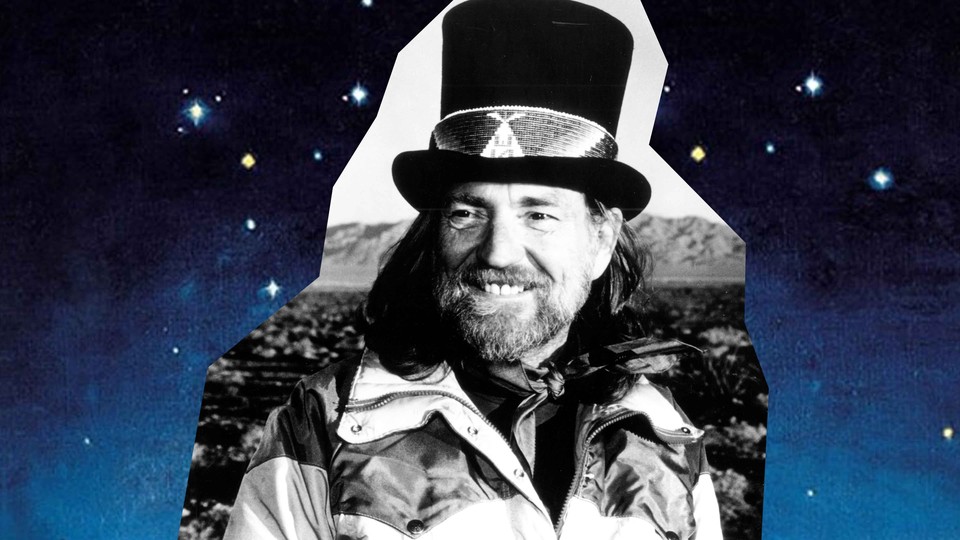 Cutout of Willie Nelson with a top hat against blue background of stars
