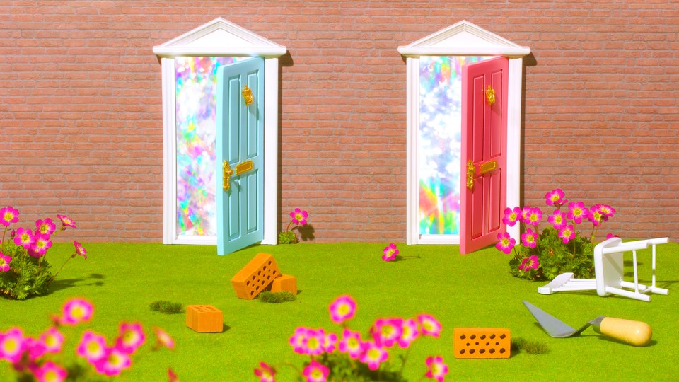 An illustration with two half-open doors in a brick wall, one red and one blue.