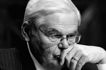A black-and-white photo of Bob Menendez