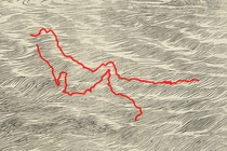 An illustration showing an outline of the Strait of Hormuz over rolling, wavelike lines